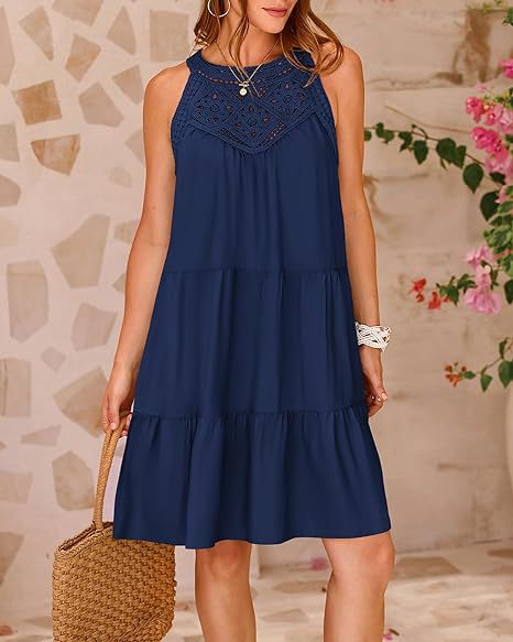 Summer Halterneck A-line Dress With Flower Hollow Lace Design Casual Loose Vacation Beach Dresses For Womens Clothing