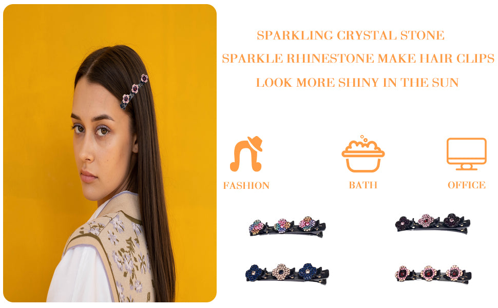 8PCS Sparkling Crystal Stone Braided Hair Clips Four-Leaf Clover Chopped Hairpin Duckbill Clip With 3 Small Clips On Top Hair Accessories Clips For Women Girls