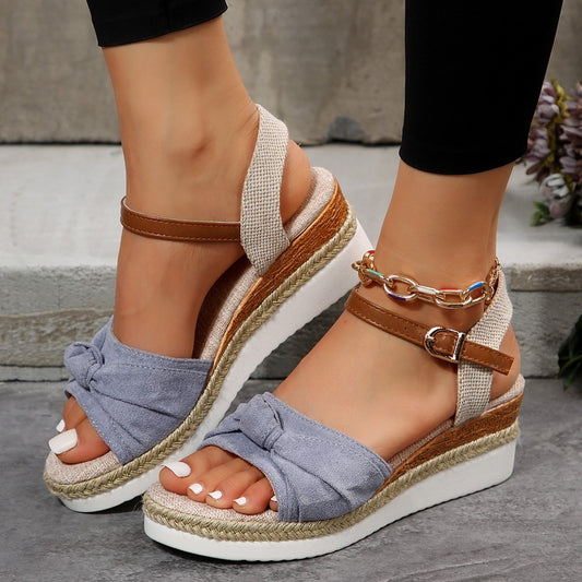 New Thick-soled Bow Sandals Summer Fashion Casual Linen Buckle Wedges Shoes For Women