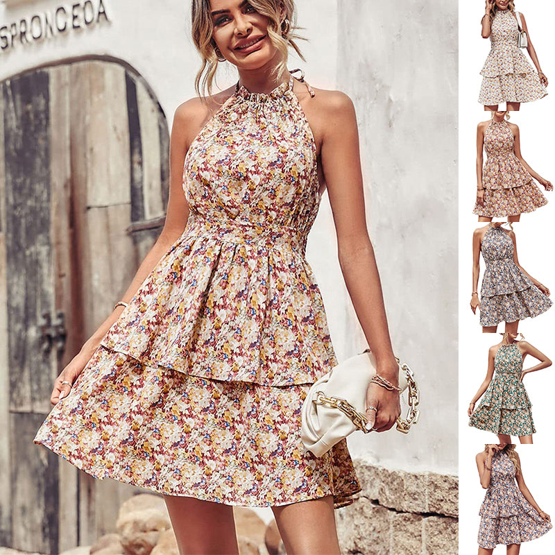 Summer Printed Halter Dress Fashion Backless Ruffled A-Line Beach Dresses For Womens Clothing