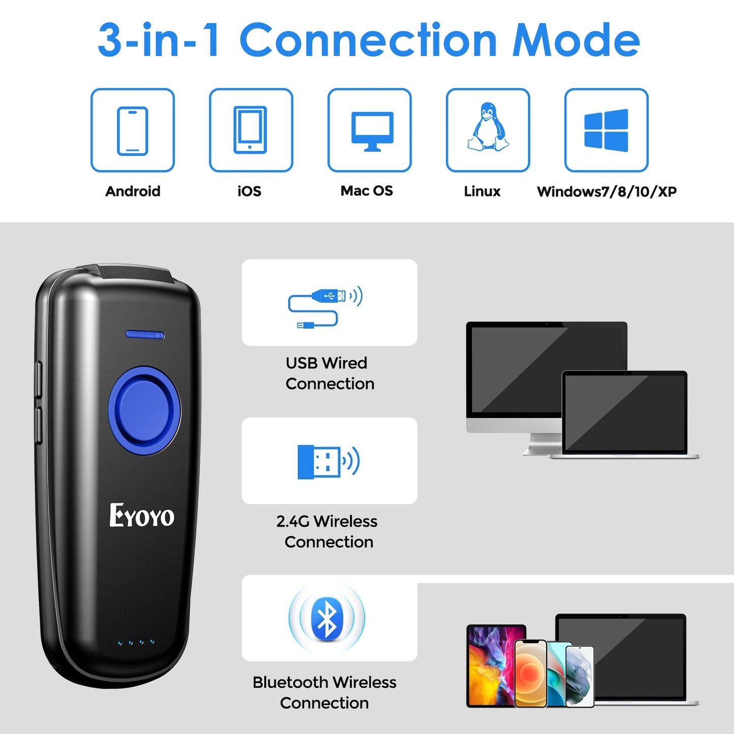 Eyoyo Mini 1D 2D Wireless Barcode Scanner Compatible Bluetooth 2.4GHz Wireless Wired Connection Portable Bar code Reader