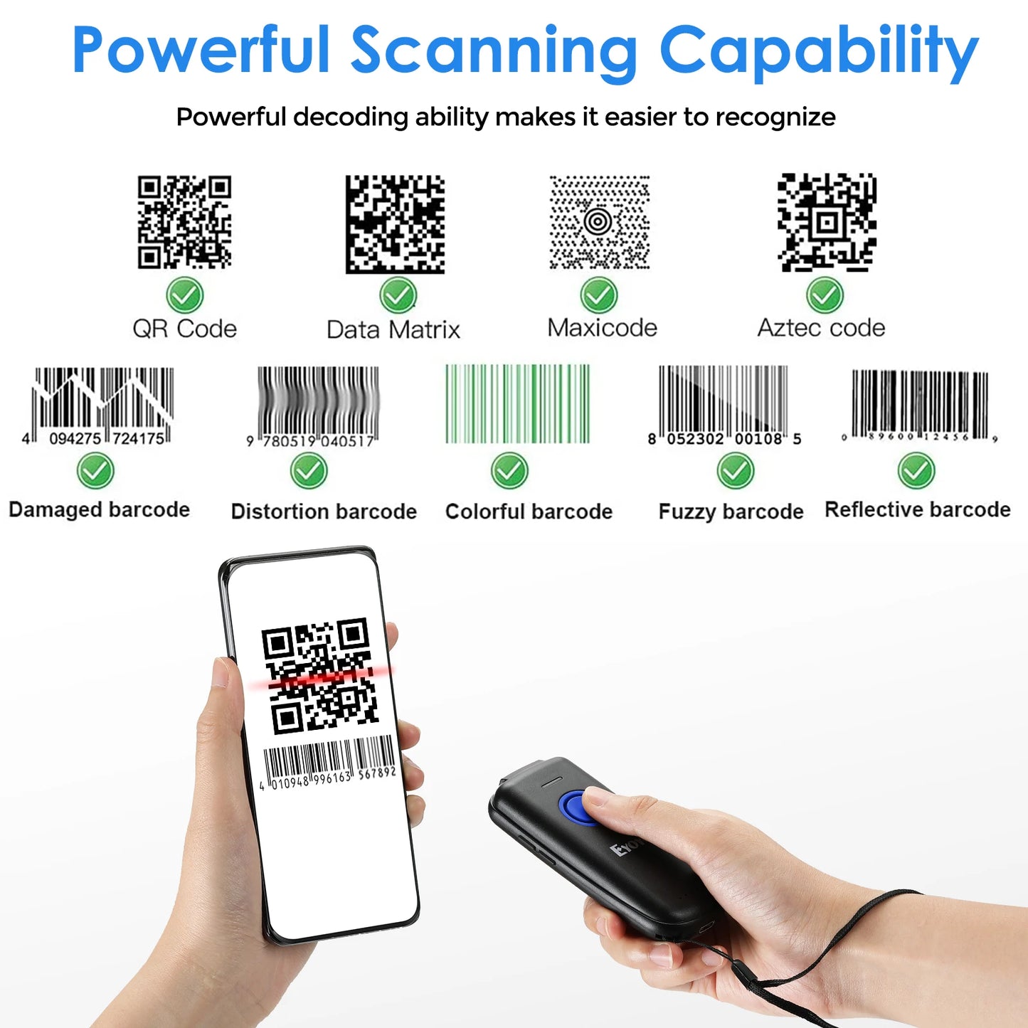 Eyoyo Mini 1D 2D Wireless Barcode Scanner Compatible Bluetooth 2.4GHz Wireless Wired Connection Portable Bar code Reader