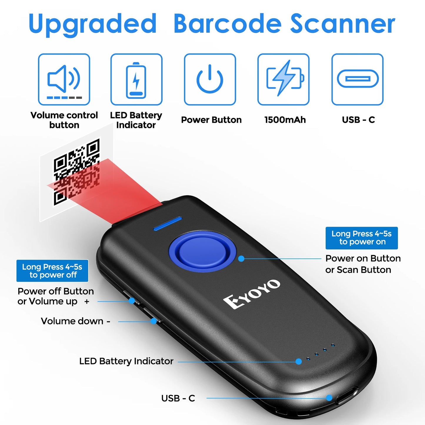 Eyoyo Mini 1D 2D Wireless Barcode Scanner Compatible Bluetooth 2.4GHz Wireless Wired Connection Portable Bar code Reader