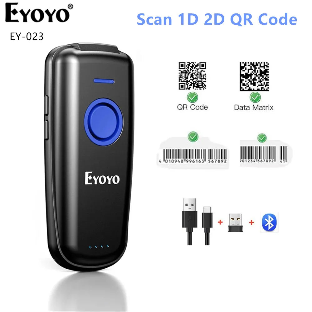 Eyoyo Mini 1D 2D Wireless Barcode Scanner Compatible Bluetooth 2.4GHz Wireless Wired Connection Portable Bar code Reader